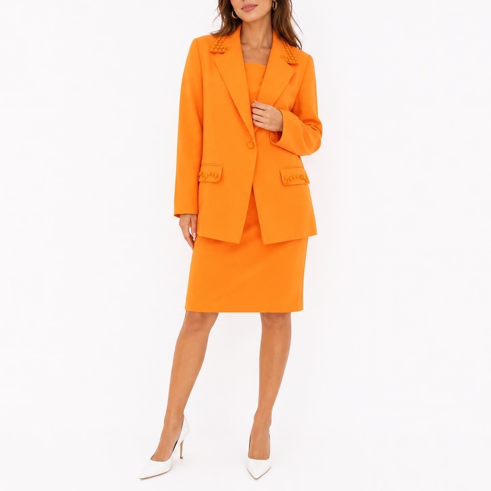 EMR Suits Orange Rosette Trim 2 Piece Skirt Suit Set Plus Size 22W Blazer Skirt
